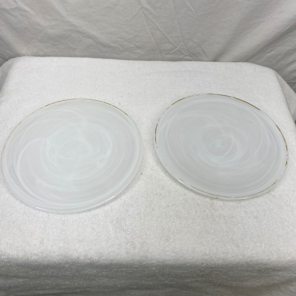 Set of 2 White Swirl Alabaster Glass Salad Dessert Plates Gold Rim 7.75 Inch